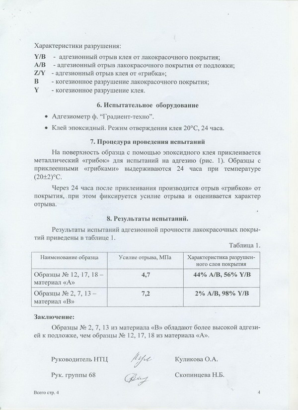 Испытания адгезионной прочности